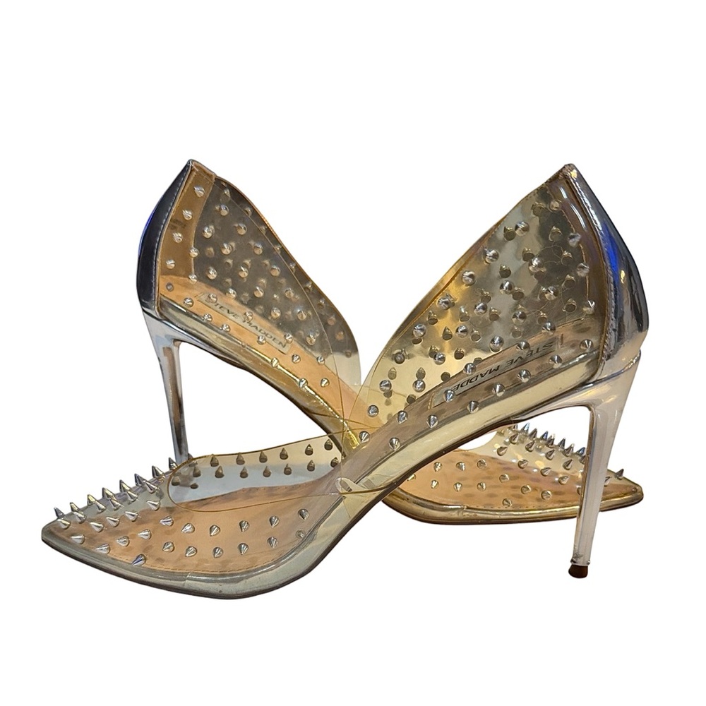 Steve Madden Vala Clear Silver Spiked Studded Pointed Toe Pumps Heels Size 8.5 - Picture 5 of 9